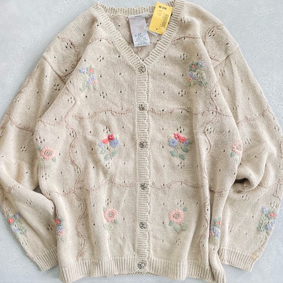 NWT Vintage Northern Reflections Tan Knit Embroidered Pastel Flowers Cardigan L - Picture 3 of 6